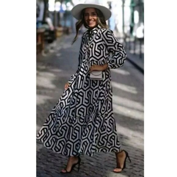 ZARA GEOMETRIC PRINT MIDI DRESS - Picture 1 of 4